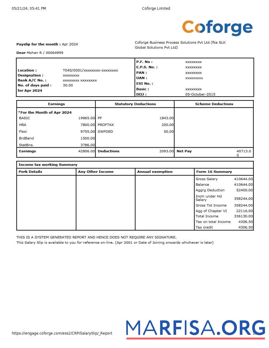 Realistic Coforge IT compay payslip example